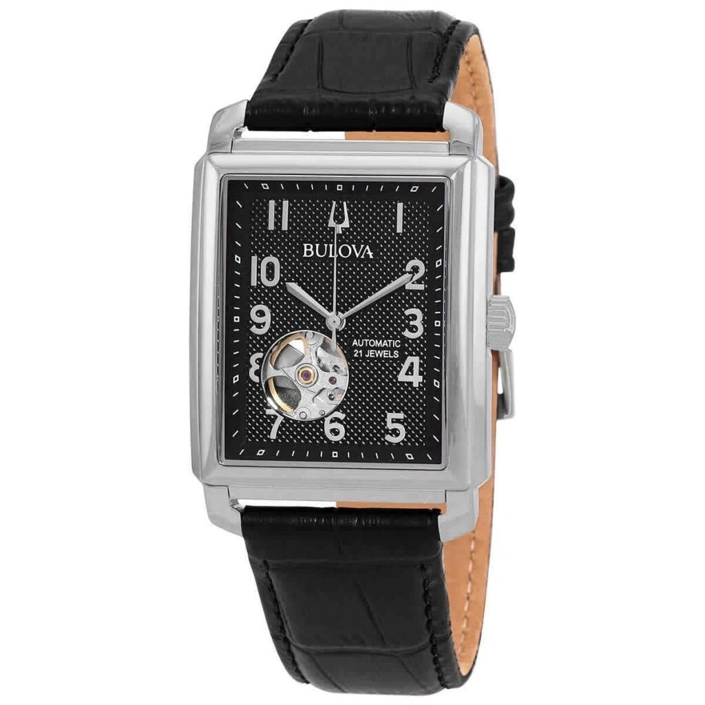 Bulova Sutton Open Heart Black Dial Leather Strap Automatic 96A269 Men's Watch