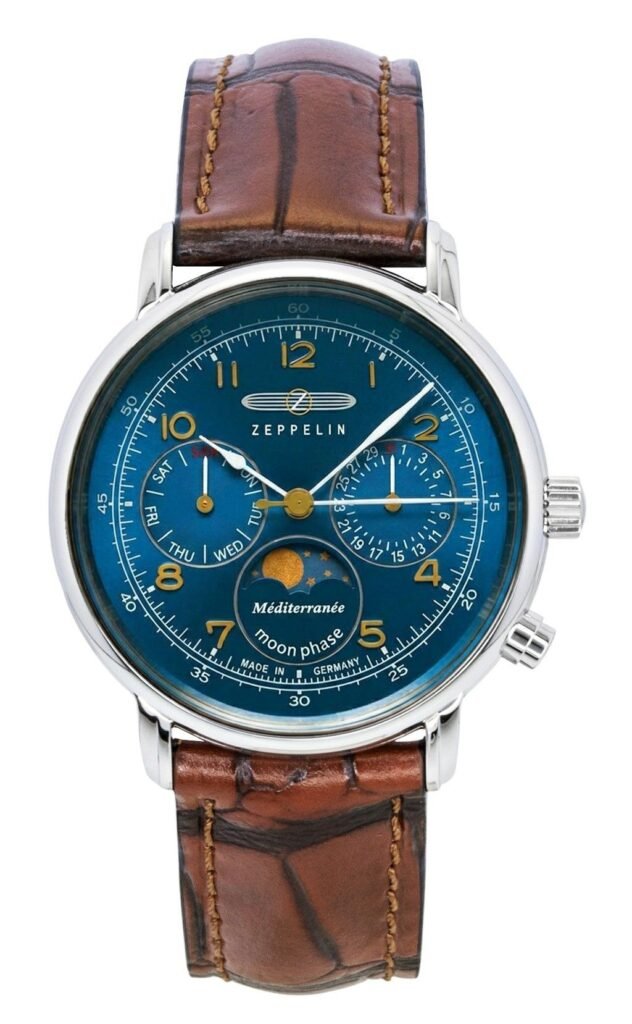 Zeppelin 100 Jahre Mediterranee Moonphase Leather Strap Blue DIal Quartz 96373 Men's Watch