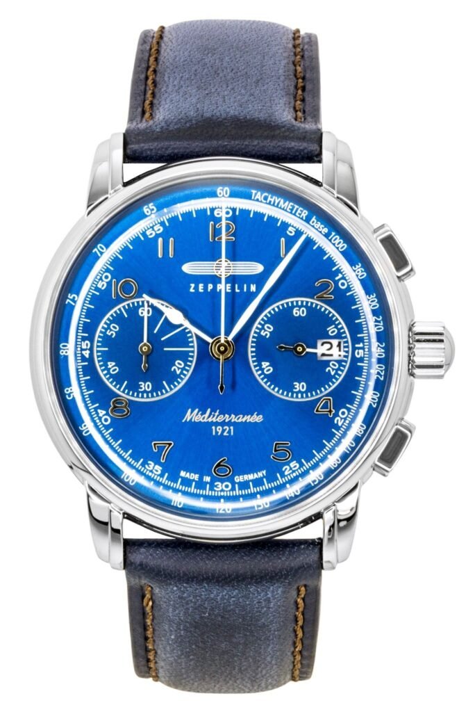 Zeppelin Mediterranee Chronograph Leather Strap Blue Dial Quartz 96703 Men's Watch